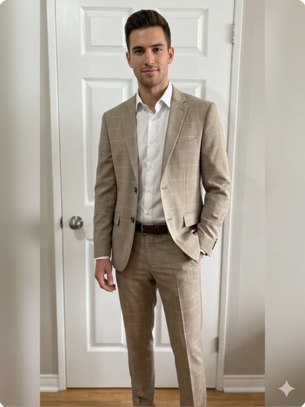 H&M Men's Slim Fit Windowpane Check Suit Tan Beige 42R Jacket 36R Pants